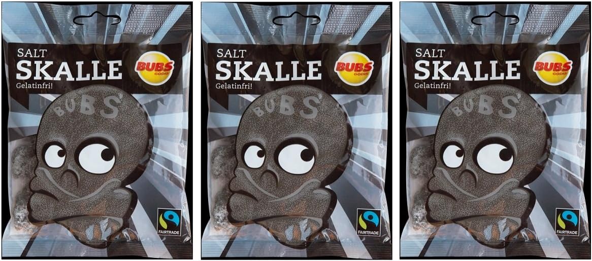 Bubs Godis Salt Skalle - Salty Skull - Original Swedish Salty Liquorice Salmiak Wine Gum Candy Bag 90g, 3-Pack