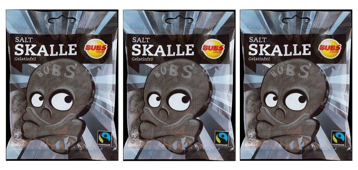 Bubs Godis Salt Skalle - Salty Skull - Original Swedish Salty Liquorice Salmiak Wine Gum Candy Bag 90g, 3-Pack