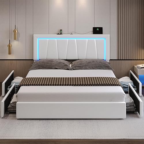 Miniatura 29 de DICTAC Base de cama de tamaño matrimonial con cabecera y 4 cajones de almacenamiento, moderna plataforma tapizada de piel sintética, marco de cama