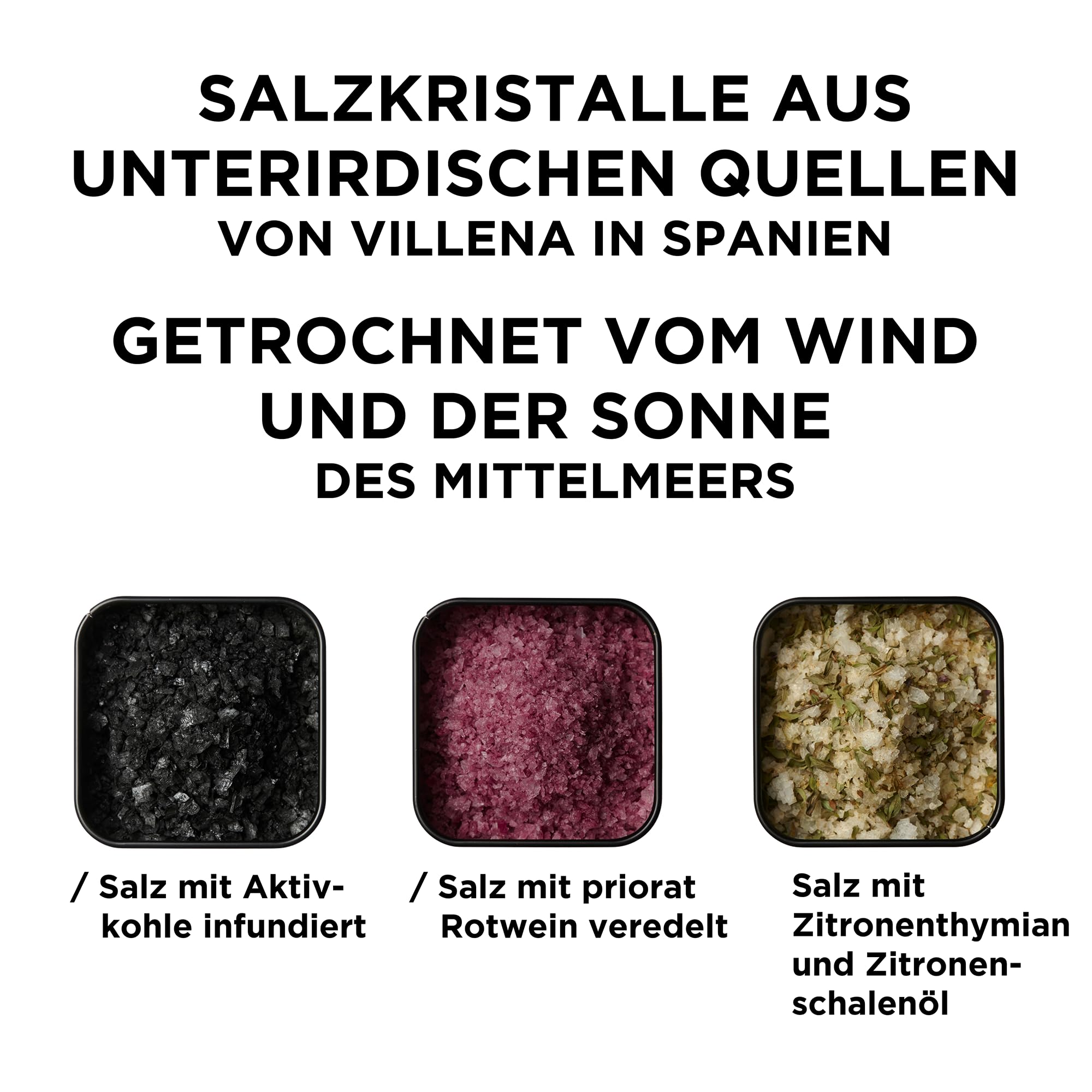Mill & Mortar Finishing Salts Geschenkset, 3 Gourmetsalze aus Spanien | Schwarzes Salz, Rotweinsalz, Zitrussalz, spanisches Flagesalz, für Fleisch, Fisch, Salate & Desserts, für Frauen & Männer