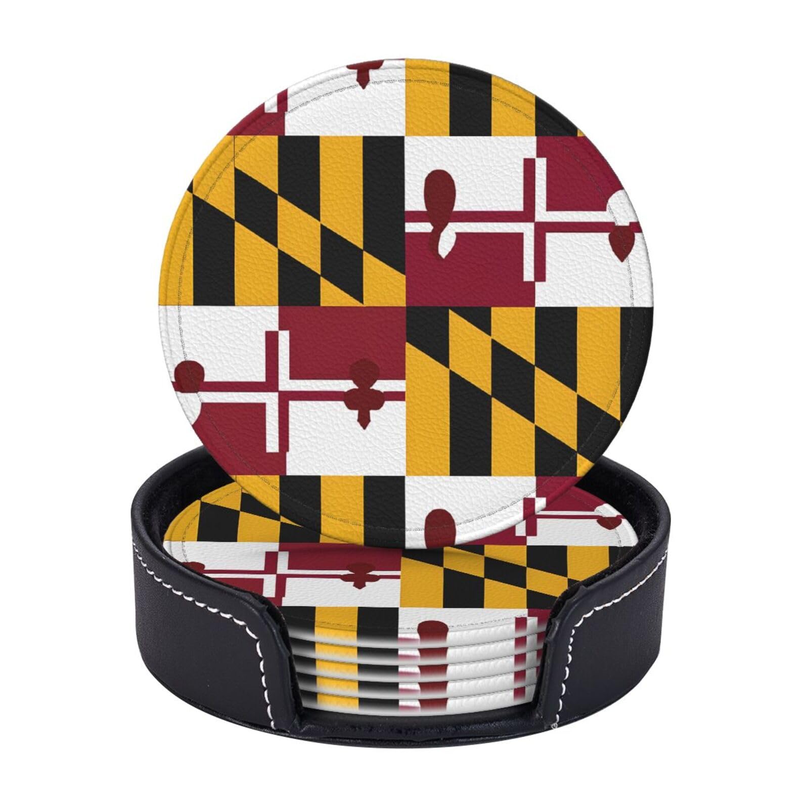 Coasters Set of 6 Microfiber PU leather Coasters with Holders for Drinks Coffee Bar Accessories, House Apartment Coffee Table Decor, Housewarming Gifts - Flag of Maryland