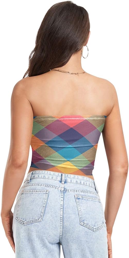 PBJCKAH Women's Sexy Tube Crop Tops Checkered Grid Colorful