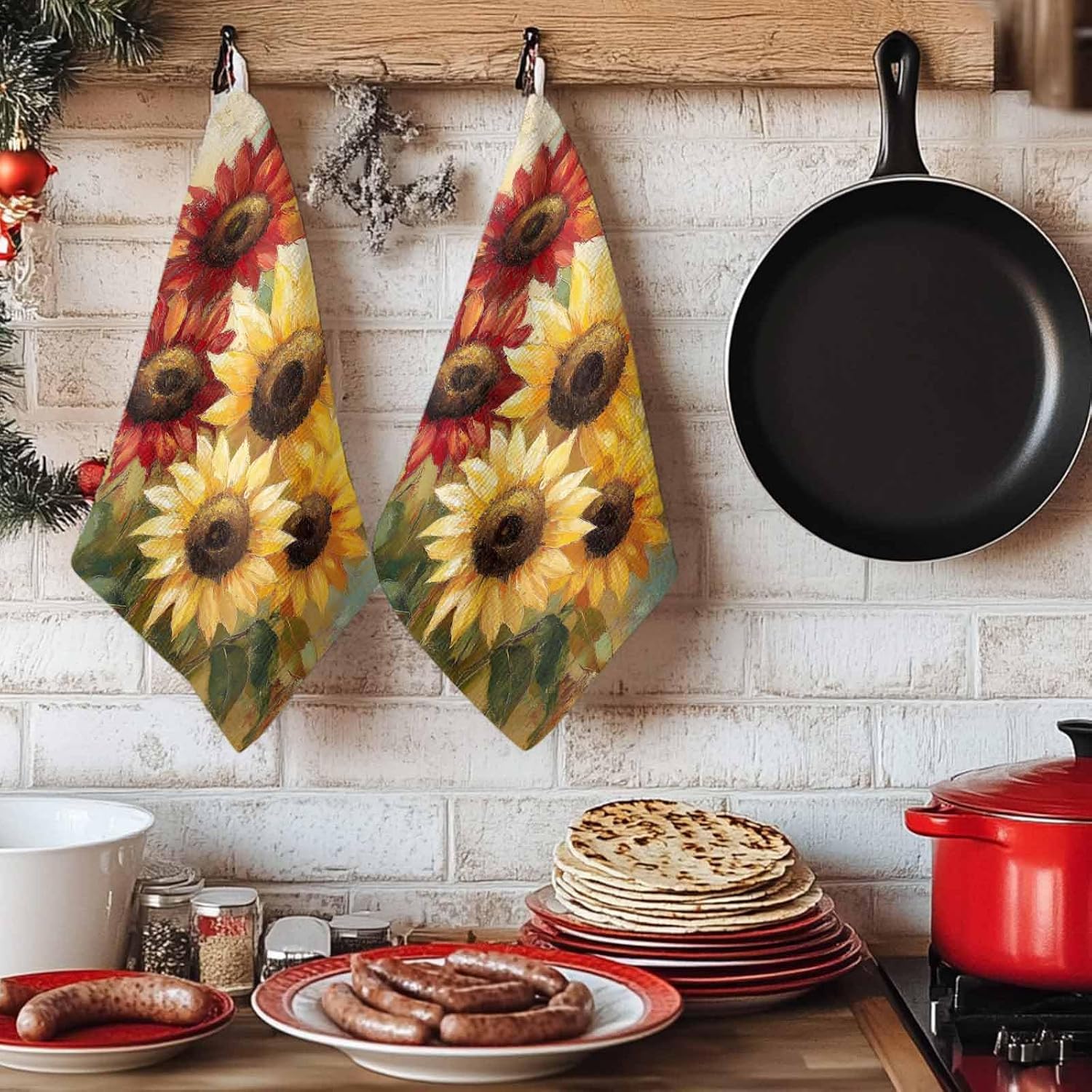Summer Sunflowers Kitchen Towels Set of 2, Absorbent Dish Towels for Kitchen, Red Yellow Floral Leaf Wood Grain Microfiber Hand Towel, Quick Drying Tea Towel for Cleaning Decorative Dishcloths