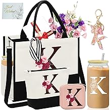 Mother's Day Gifts,Birthday Gift for Women,Initial Canvas Tote Bag,Personalized Gifts for Women,16oz Glass Cup With Straw,Jewelry Storage Box,Monogrammed Gift for Woman Mom Sister Bestie-K