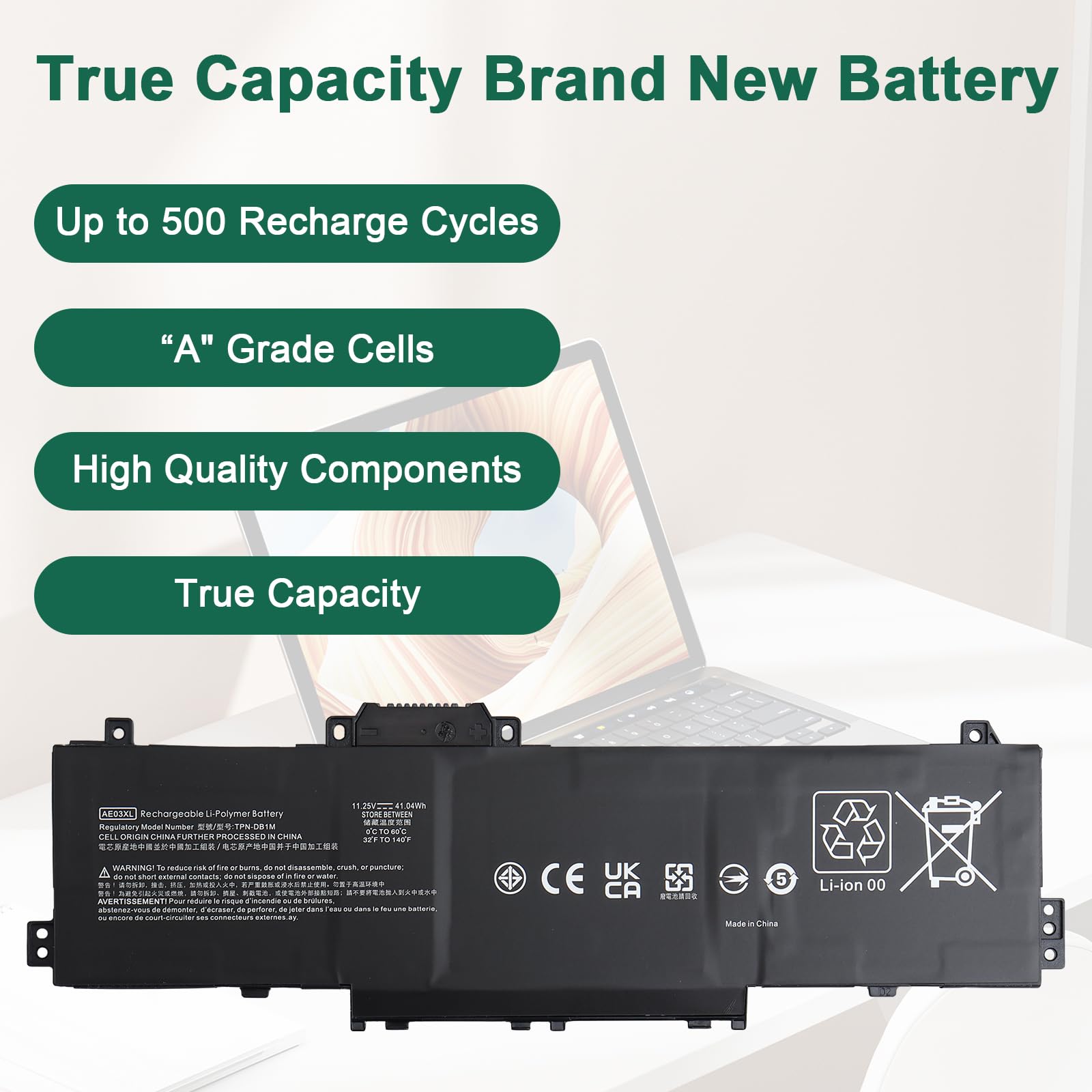 AE03XL AE03041XL Laptop Batteria Compatibile con HP 240 245 246 250 G10 14-EM 14-EE 15-FC 15-FD 15 A11U A11UD GF66 HSTNN-AB1B N21969-005 85A19EA - 11.25V 41.04Wh 3648mAh