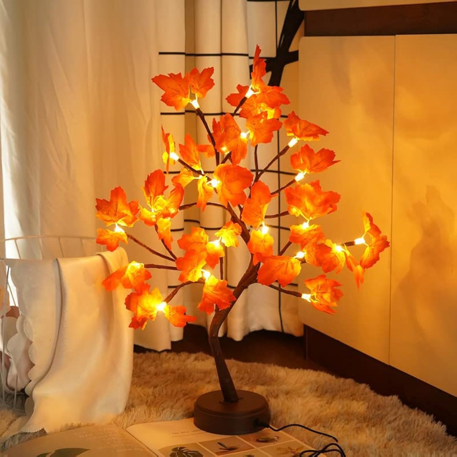 Beauenty Night Light, Battery USB Powered Tree Shaped Table Lamps, Tabletop Artificial Flower Bonsai Tree Lights for Valentine's Day Christmas Bedroom Wedding Decor (Maple Leaves)