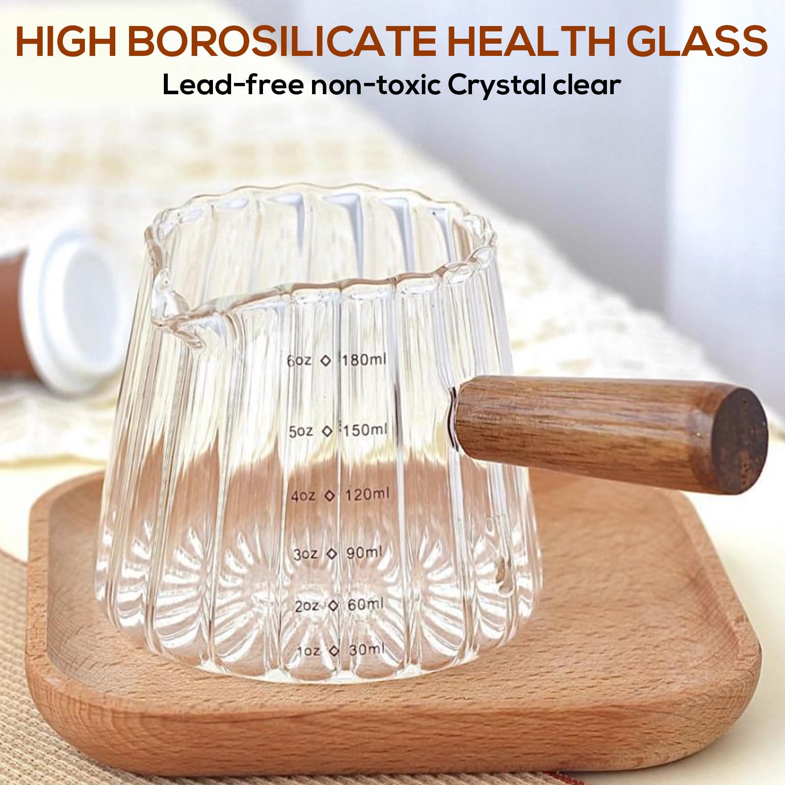 2 Stück Espresso Messbecher Glas, 180ml, Mit Holzgriff – Doppelte Skala, Aus Borosilikatglas, Für Kaffee, Milch, Cocktails