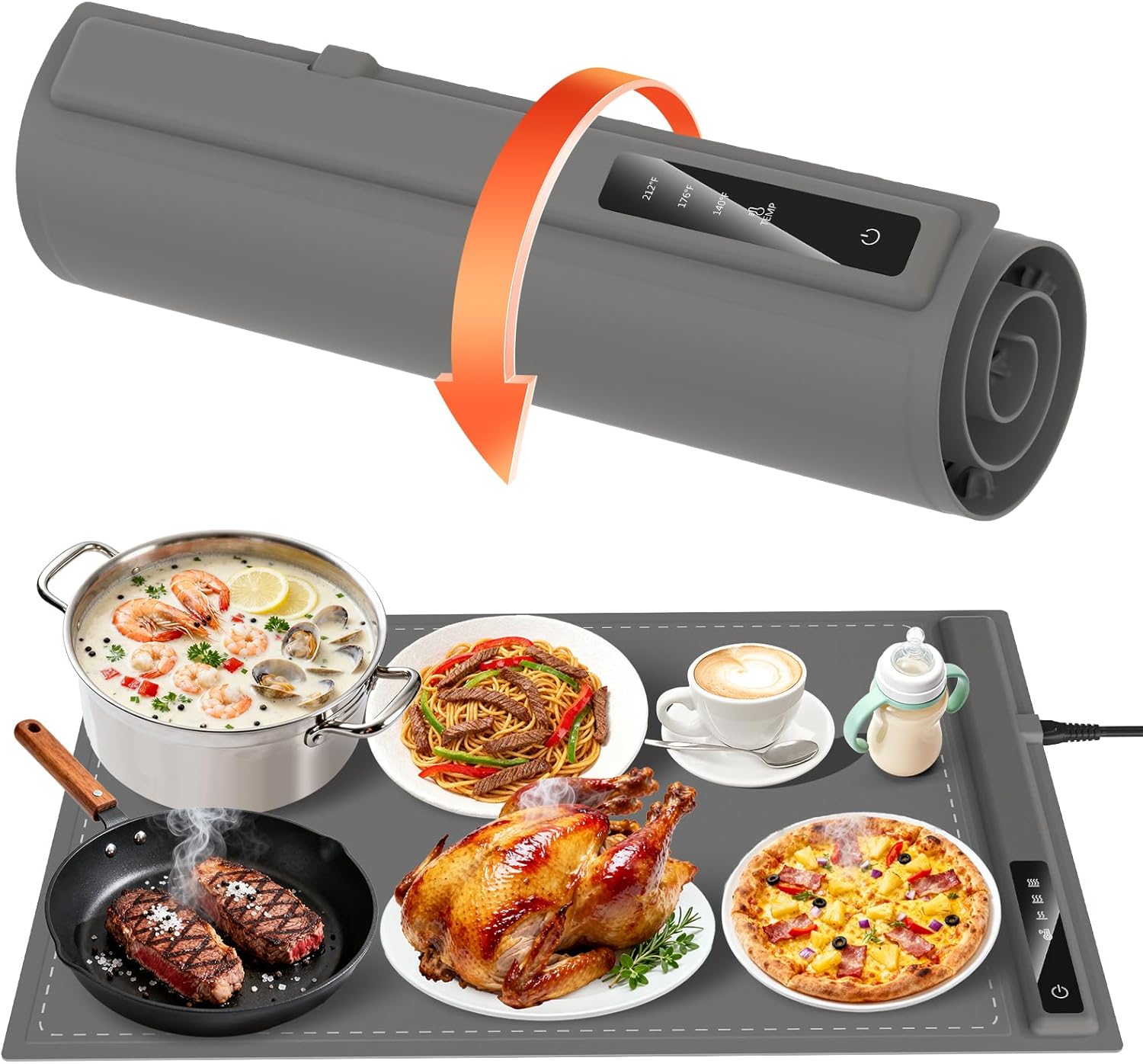 food warming mat - fast & full surface heating, silicone heat pad with 3 adjustable temperature for buffets parties, rollable electric warming tray,kitchen heated plate,countertop food warmer (gray)