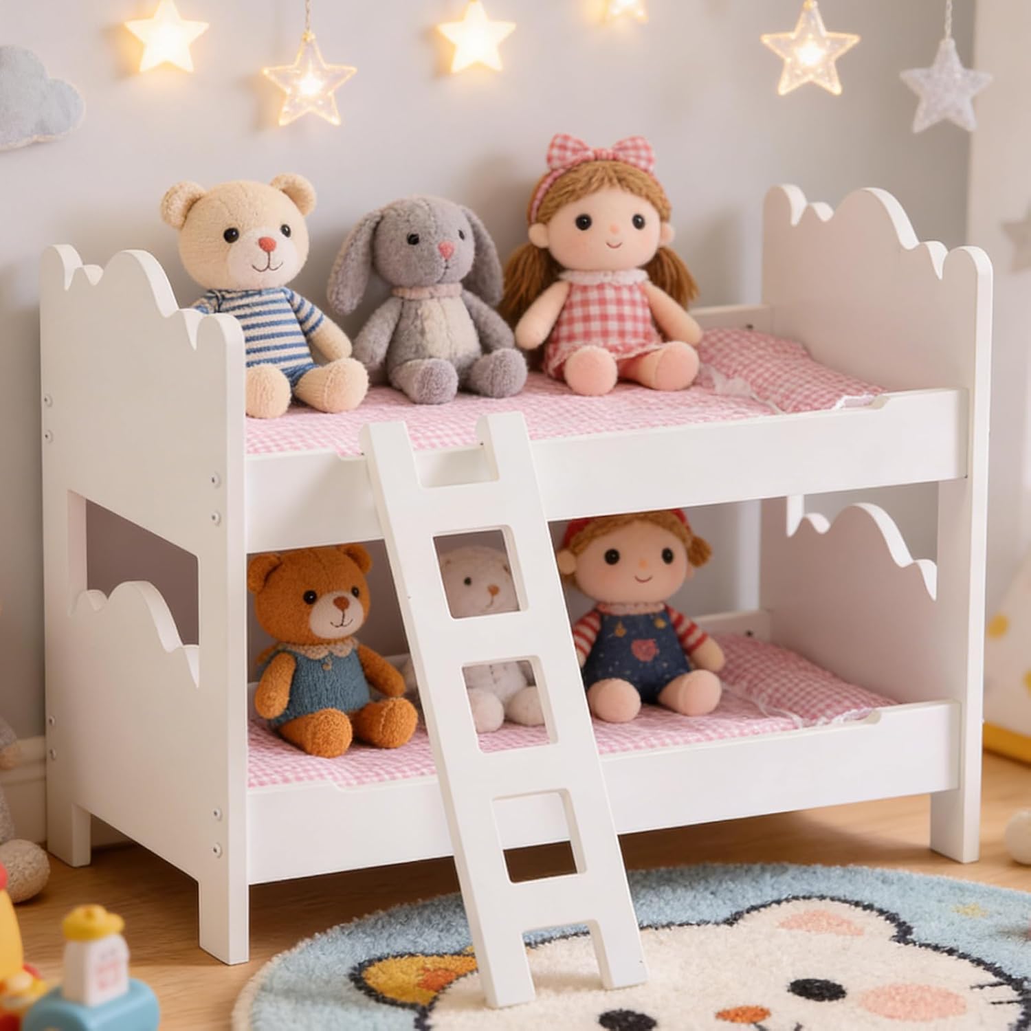 Doll Bunk Bed, Wooden Doll Bed for 18 Inch Dolls with Ladder & Pink Bedding, Easy Assembly American Girl Doll Furniture, White and Pink Pretend Play for Kids