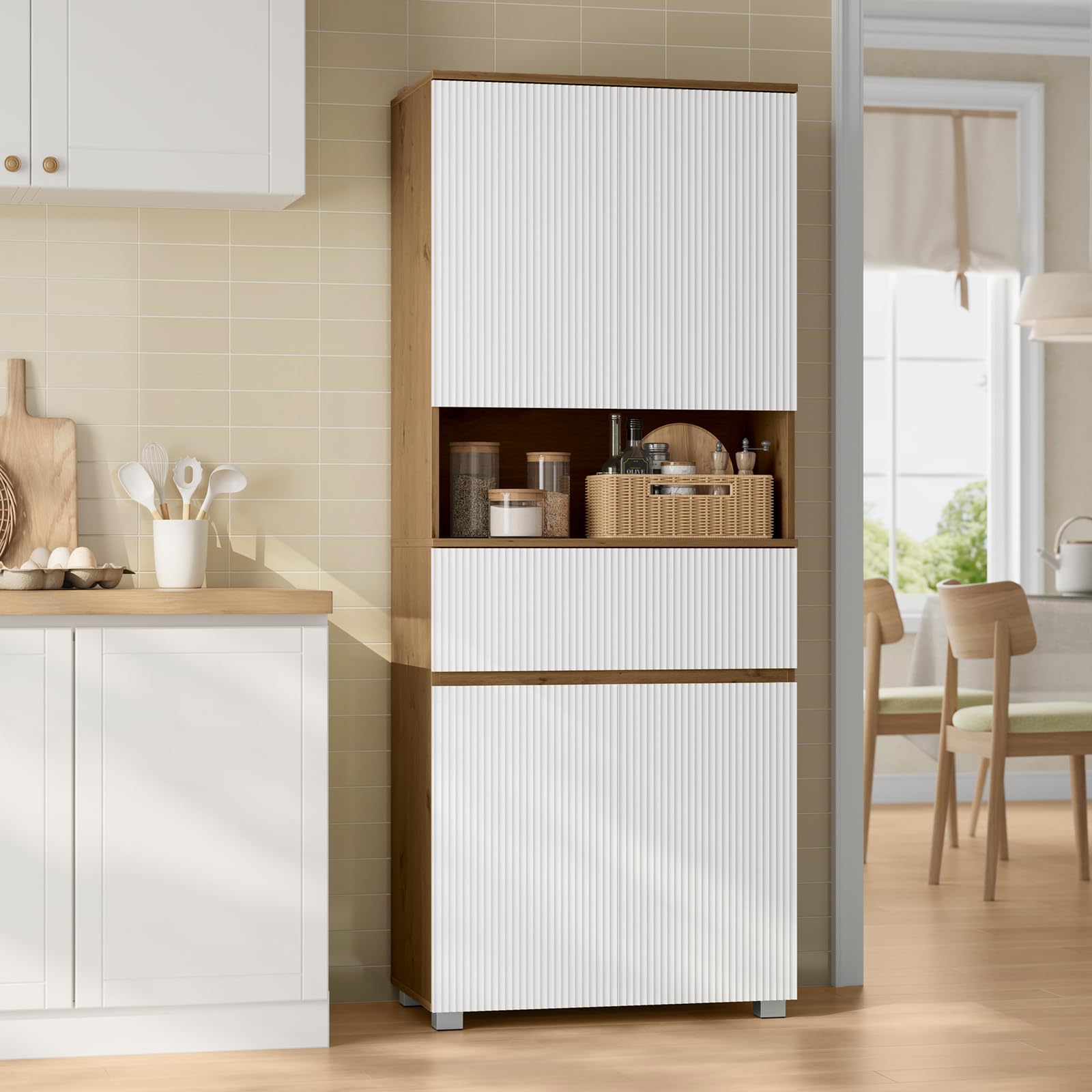 EUGAD Badezimmerschrank hoch, Badschrank, Mit 4 Türen, 1 offenem Fach, 1 Schublade, verstellbaren Einlegeböden, 70 x 176,5 x 40 cm, für Bad Wohnzimmer Küche, Weiß+Holzoptik