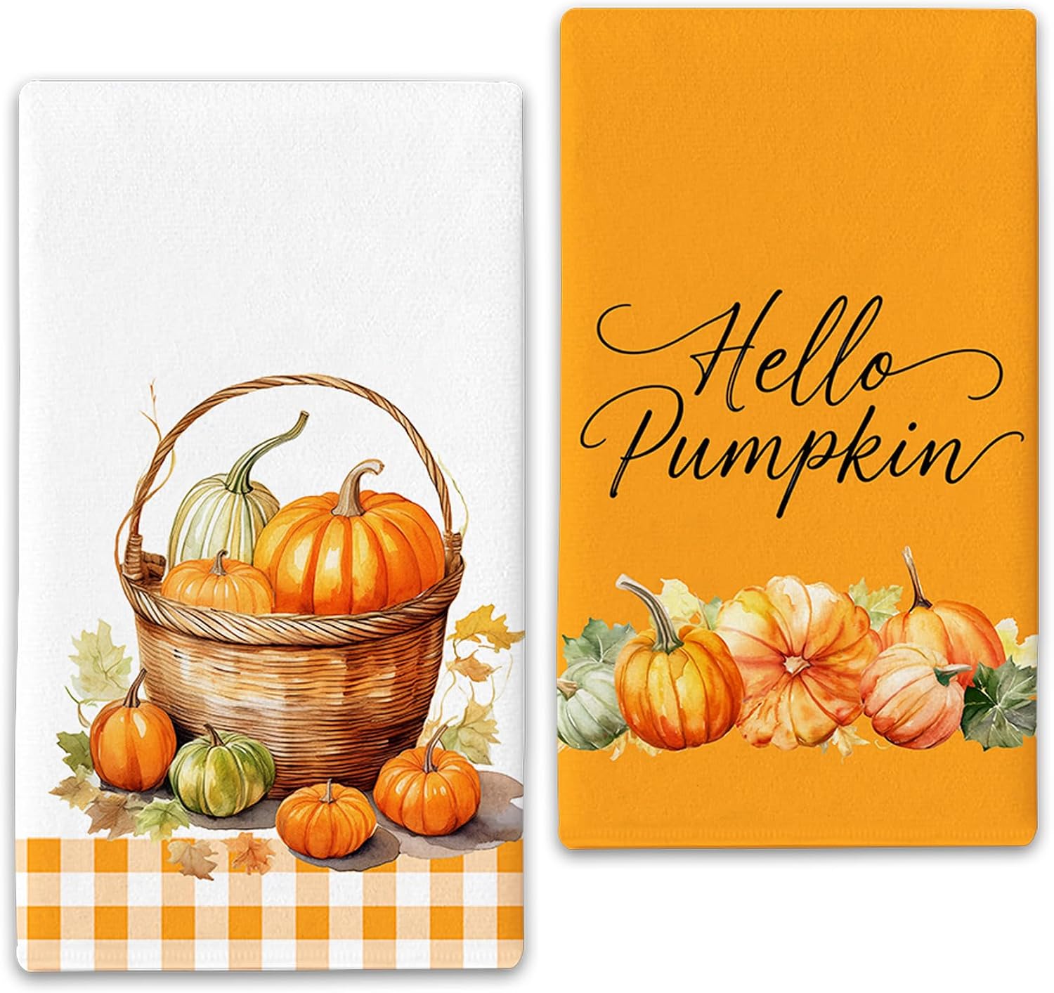 Hello Pumpkin Fall Kitchen Towels Decor Set of 2,Yellow Plaid Autumn Dish Towel 17"x27",Farmhouse Indoor Thanksgiving Halloween Seasonal Vintage Home Decorations Hand Towels