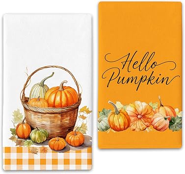 Hello Pumpkin Fall Kitchen Towels Decor Set of 2,Yellow Plaid Autumn Dish Towel 17"x27",Farmhouse Indoor Thanksgiving Halloween Seasonal Vintage Home Decorations Hand Towels