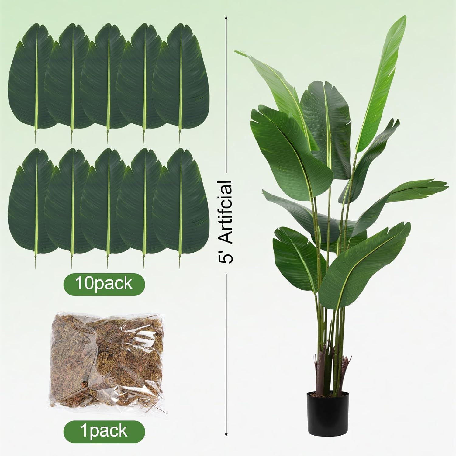 5FT Artificial Bird of Paradise Plant, Lifelike Faux Tropical Tree with 10 Lush Banana Leaves, Tall Artificial Plants Indoor for Living Room Bedroom Decor, Black Pot (5FT)