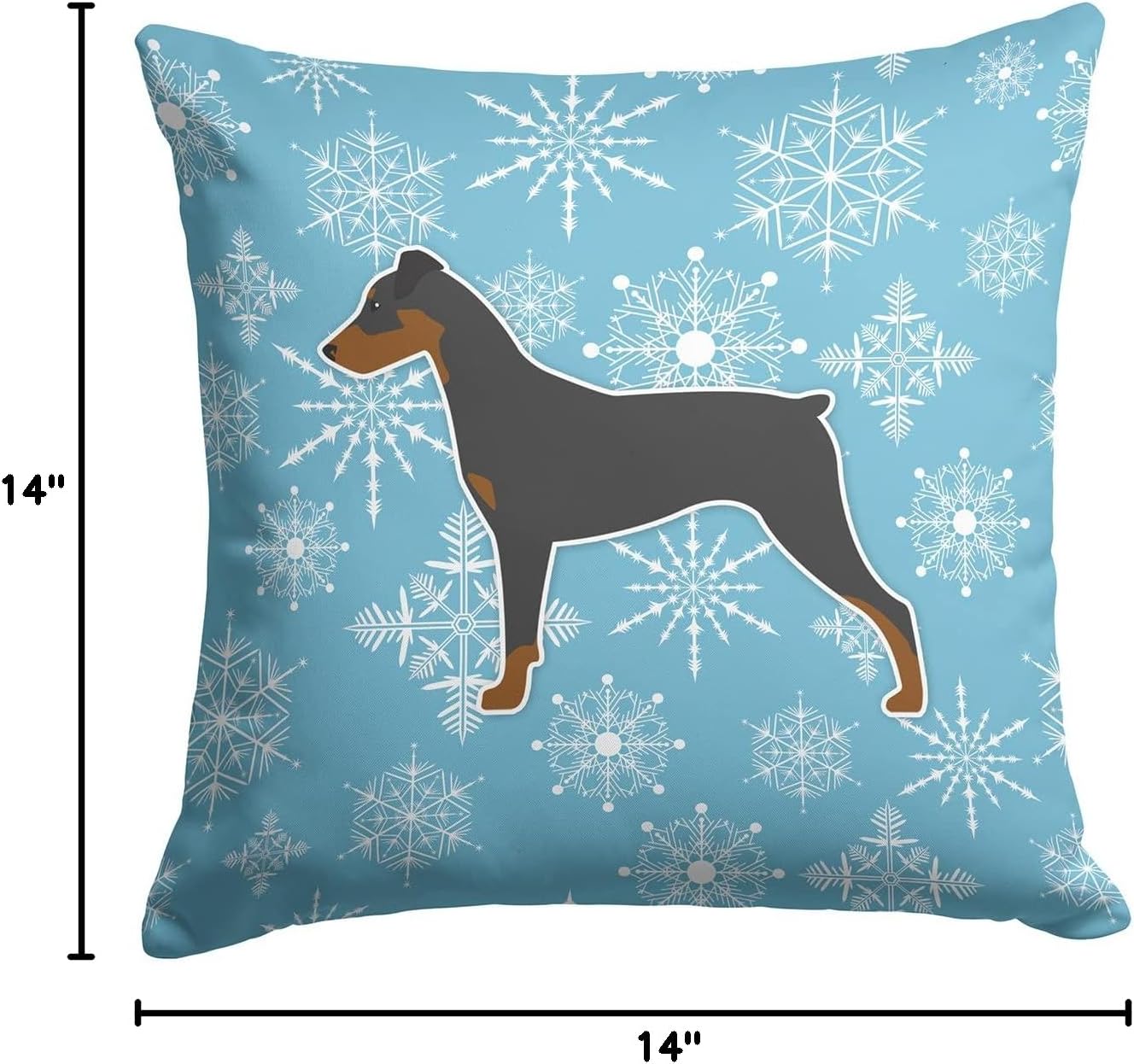 Caroline's Treasures BB3513PW1414 Winter Snowflake German Pinscher Fabric Decorative Pillow Machine Washable, Indoor Outdoor Decorative Pillow for Couch, Bed or Patio, 14Hx14W