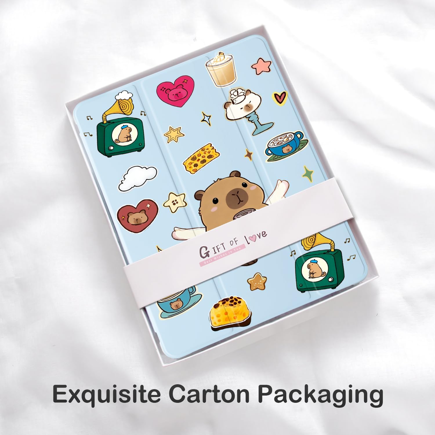 Cute Kawaii Capybara for iPad mini 7 A17 Pro 2024/iPad Mini 6 Case with Pencil Holder, Auto Sleep/Wake, Blue Leather Soft TPU Back Cover