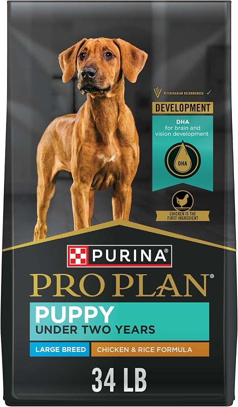 Purina Pro Plan Alimento seco para cachorros de raza grande, pollo y arroz, bolsa de 34 lb | Alimento de desarrollo para cachorros con DHA para el desarrollo del cerebro y la visión, calcio para desarrollar huesos y dientes fuertes, para perros grandes