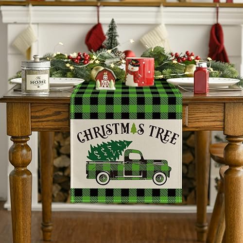 Miniatura 3 de Artoid Mode Camino de mesa de Navidad de búfalo verde y negro, decoración de mesa de comedor para interiores y exteriores, decoración de fiesta en