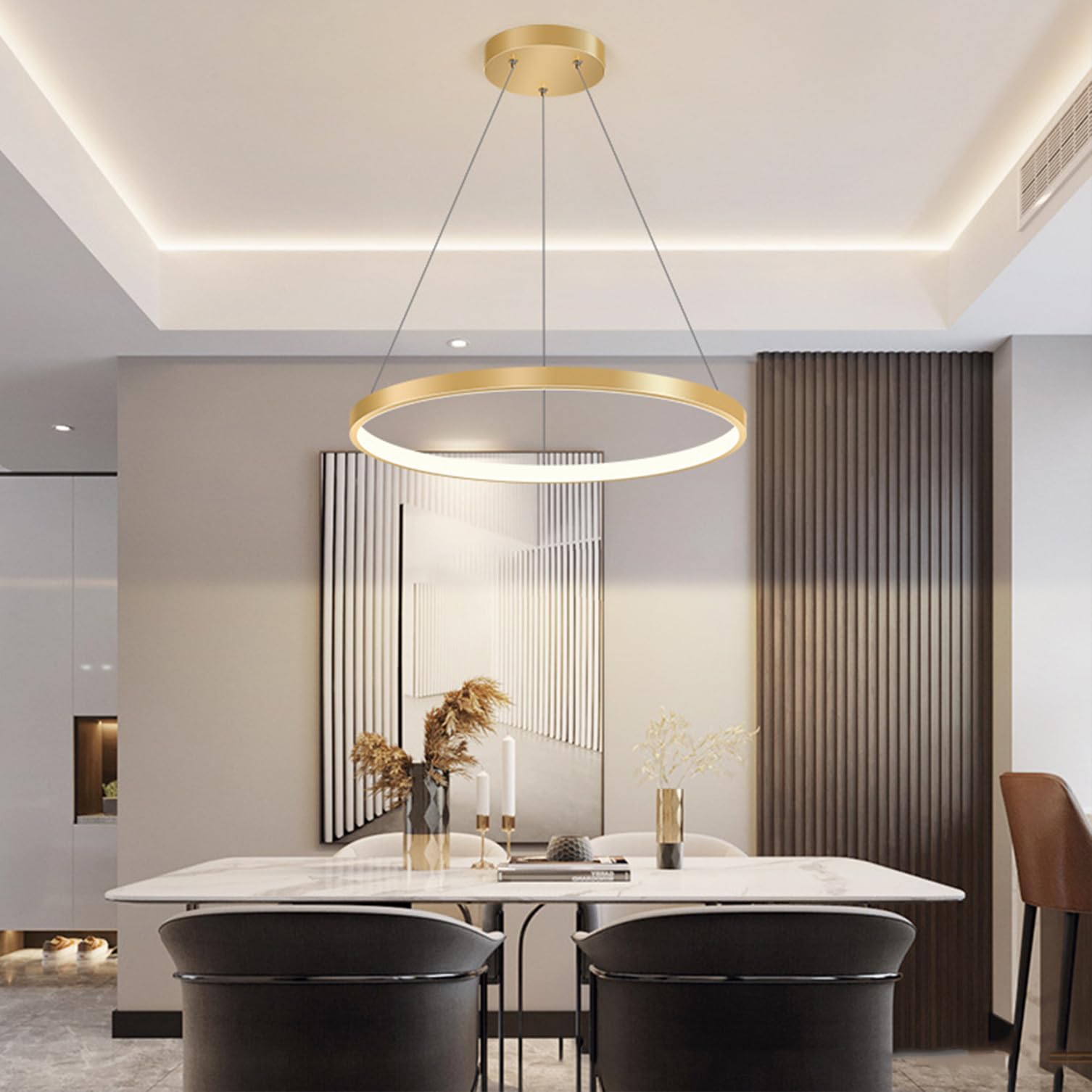 Modern Round Dimmable Pendant Lamp with Remote Control - Height Adjustable, Creative Design for Dining Table, Dining Room, Living Room, Kitchen - Gold, Ø40cm