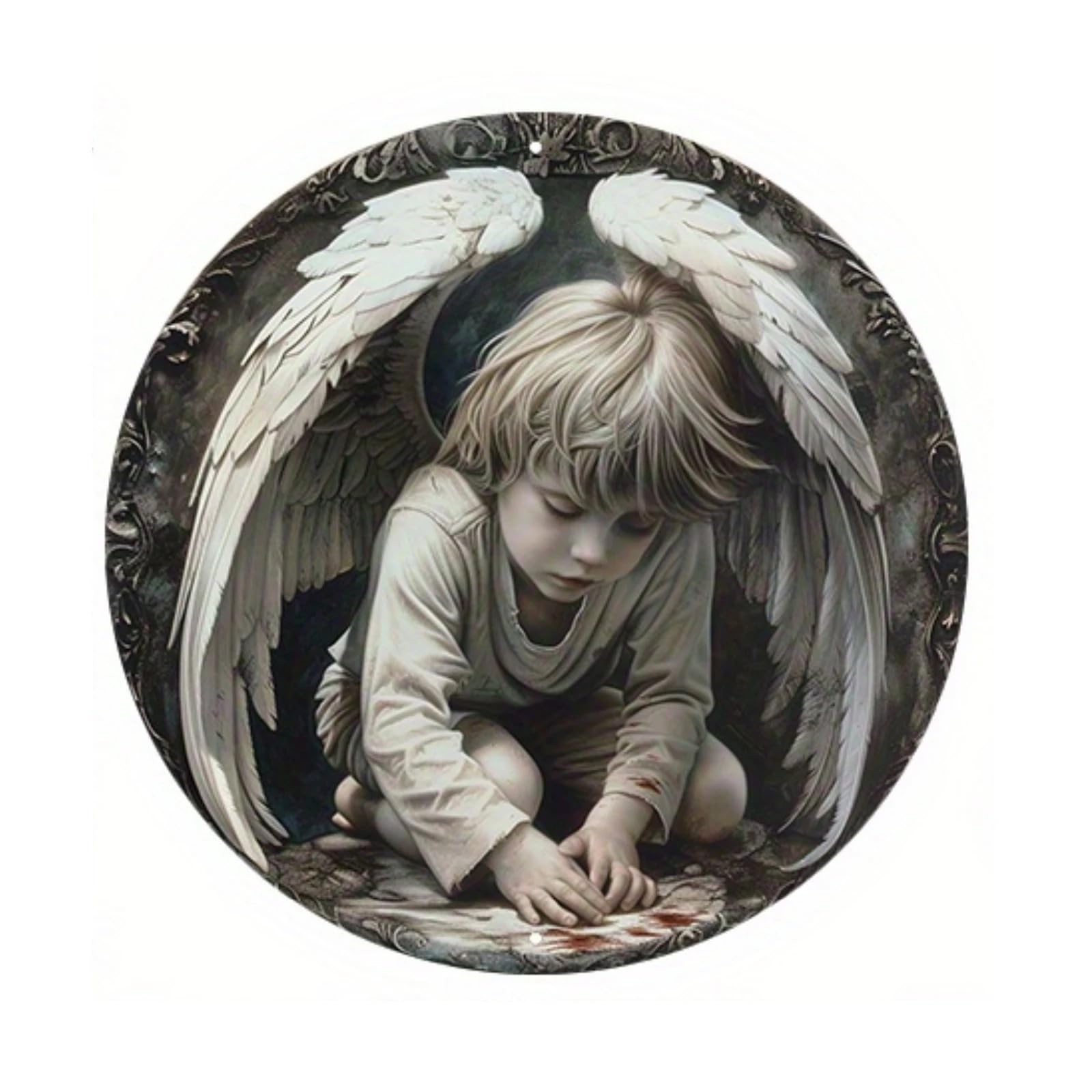 Artistic Angelic Reading Book Theme Round Sign Wall Hanging Ornament Wooden Front Door Plaques Farmhouse Decoration Gift Round Wall Hanging Plaques