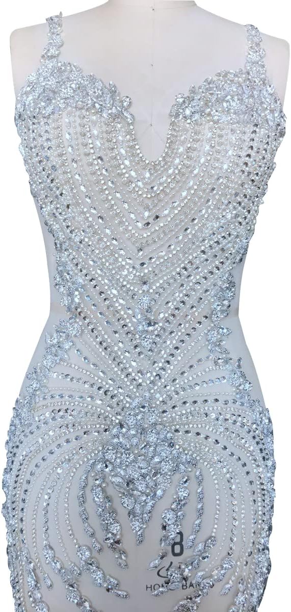 Handmade Big Rhinestones Patches sew on Beads Applique on Same Colour net Dress Clothes Accessory (Silver)
