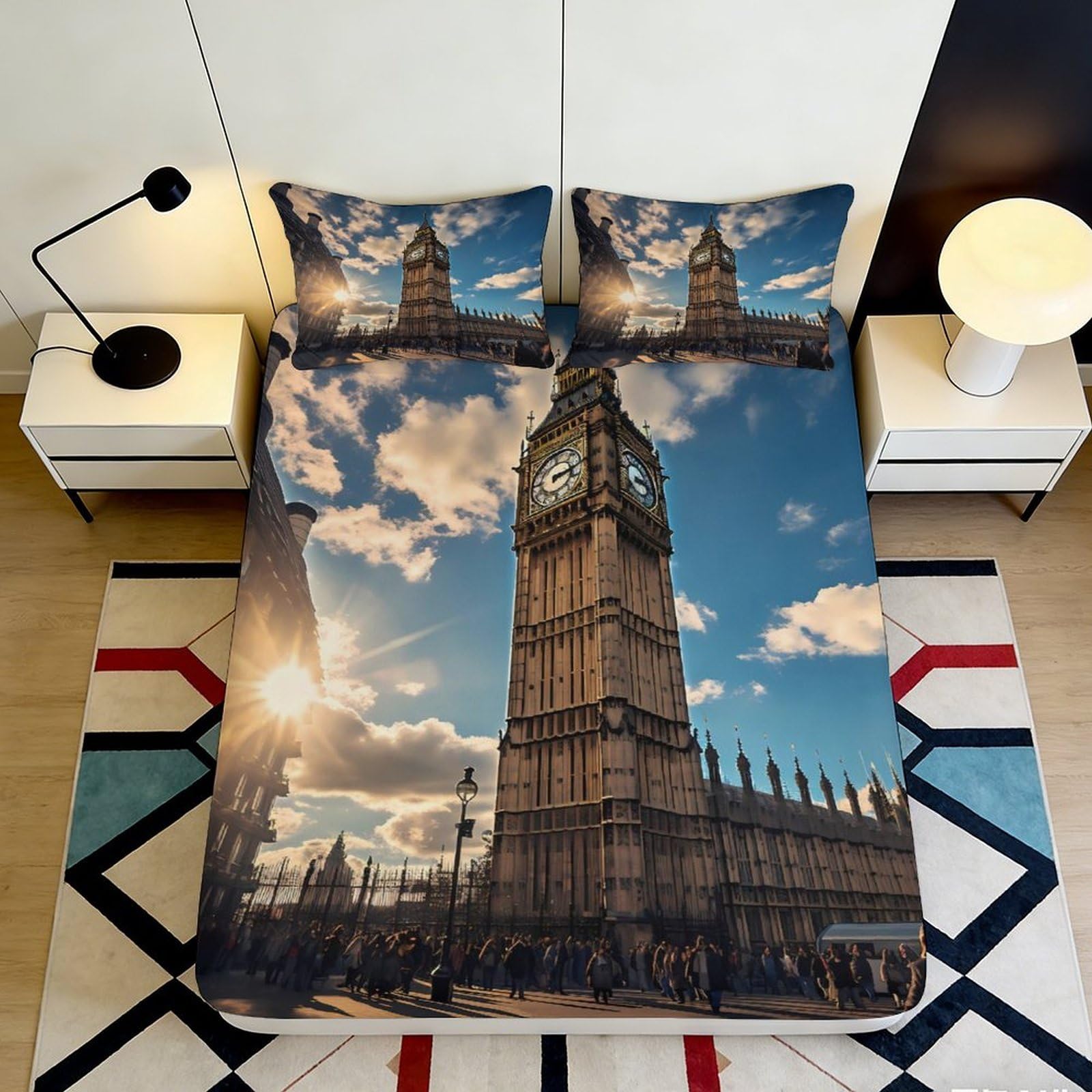 3D Printed London Big Ben Fitted Sheet Microfiber Soft Bedroom Decor Cityscape Bed Cover for Home Guest Room 90x200x25cm