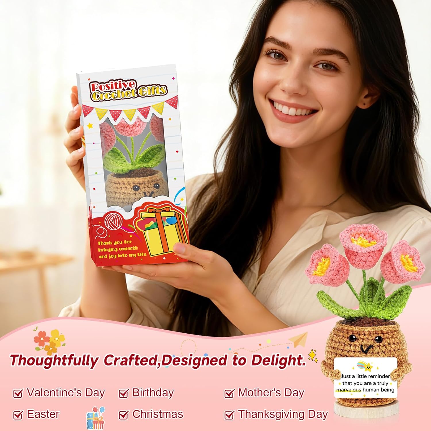 Positive Crochet Flower Inspirational Gifts for Women: Mini Positive Handmade Lily of the valley - Easter Mother's Day Birthday Appreciation Retirement Gifts for Coworker Boss Friend Mom Teacher - Image 4