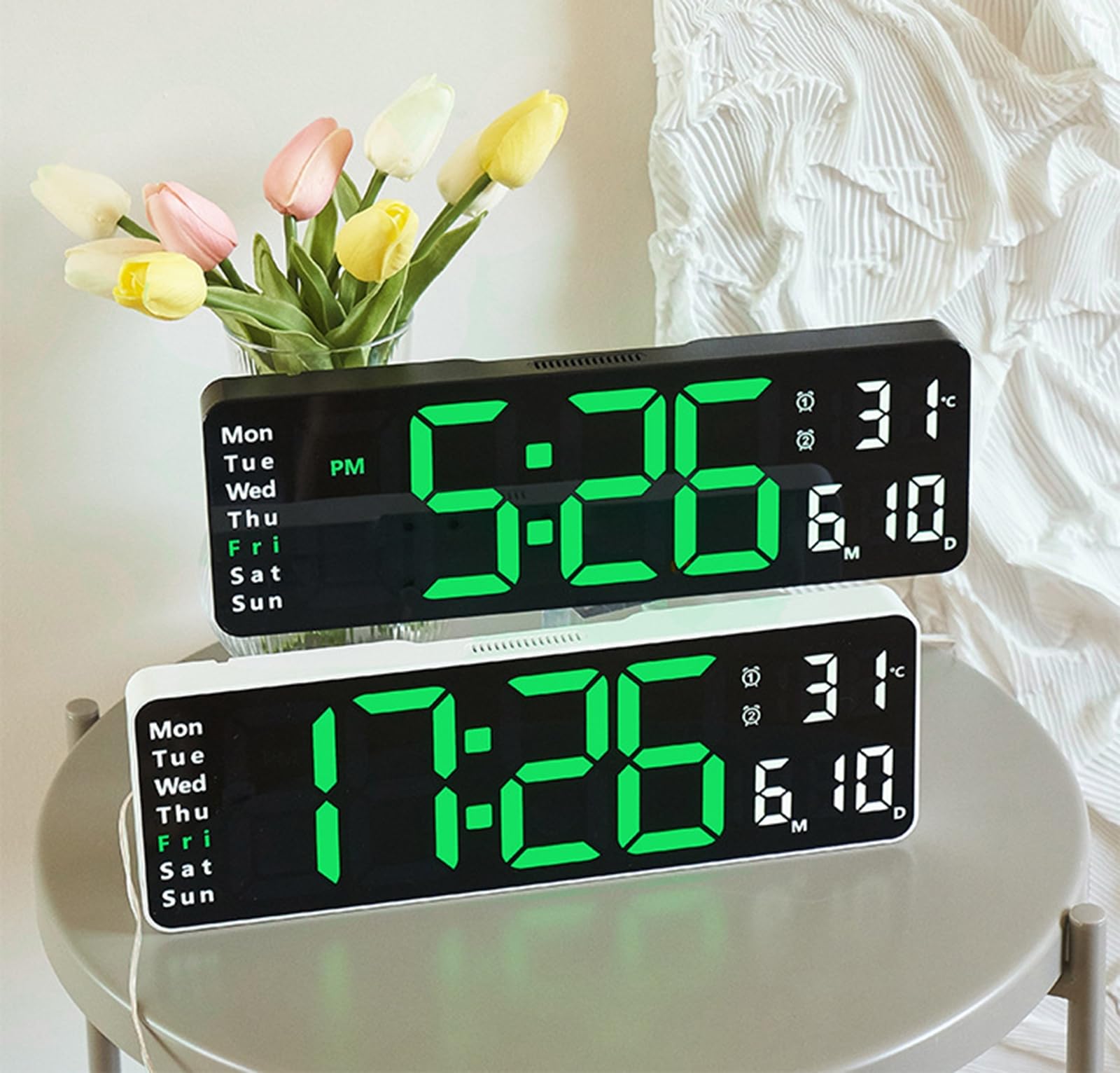 Reloj de Pared Digital Grande con Control Remoto, atenuador de Brillo automático Reloj de Pared Digital Pantalla Grande con día/Fecha/Temperatura, repetición,L