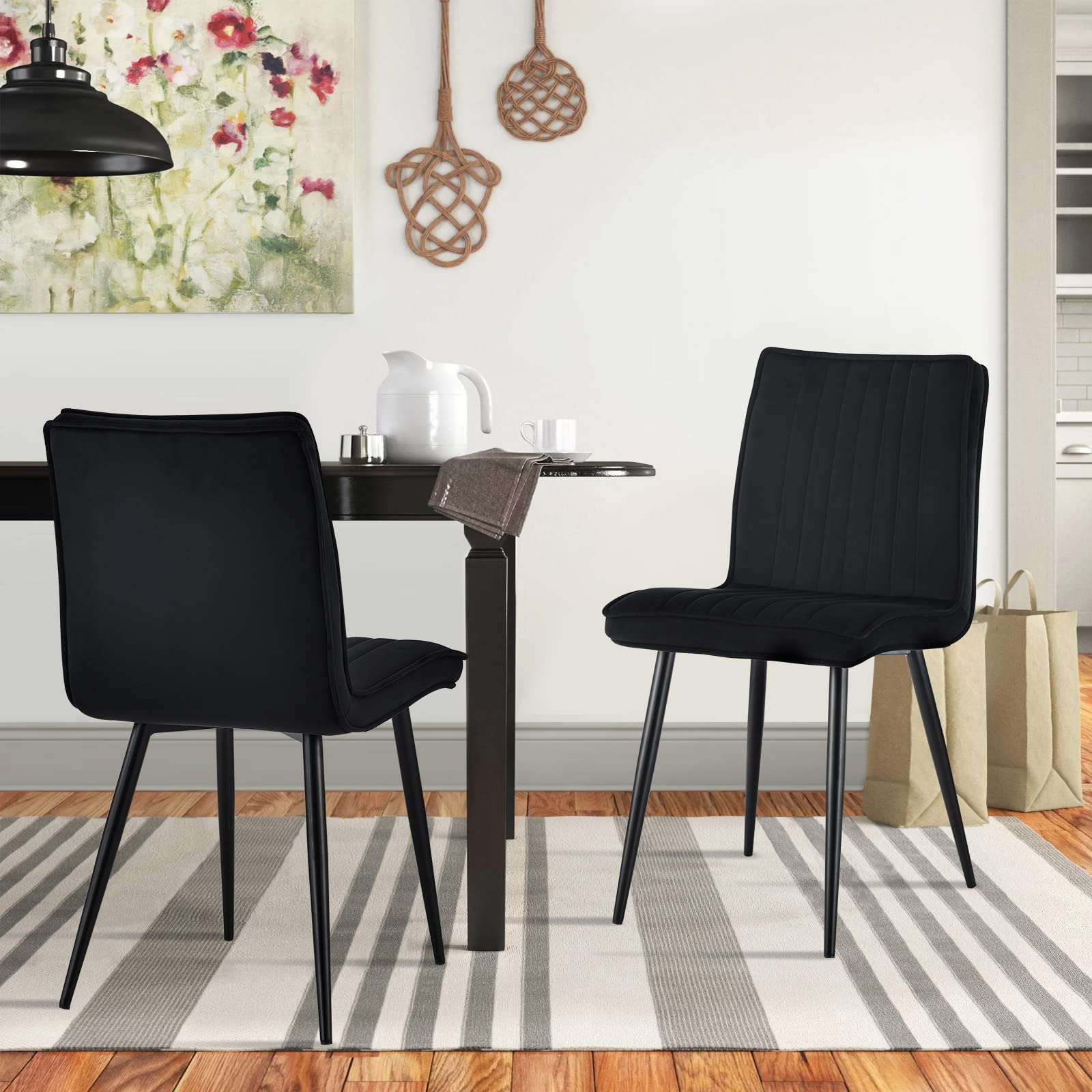 LEMROE Upholstered Dining Chairs Black Velvet Set of 2 with Metal Legs Kitchen Chairs with Padded Seat and Backrest Modern Counter Chair for Living Room Bedroom Lounge