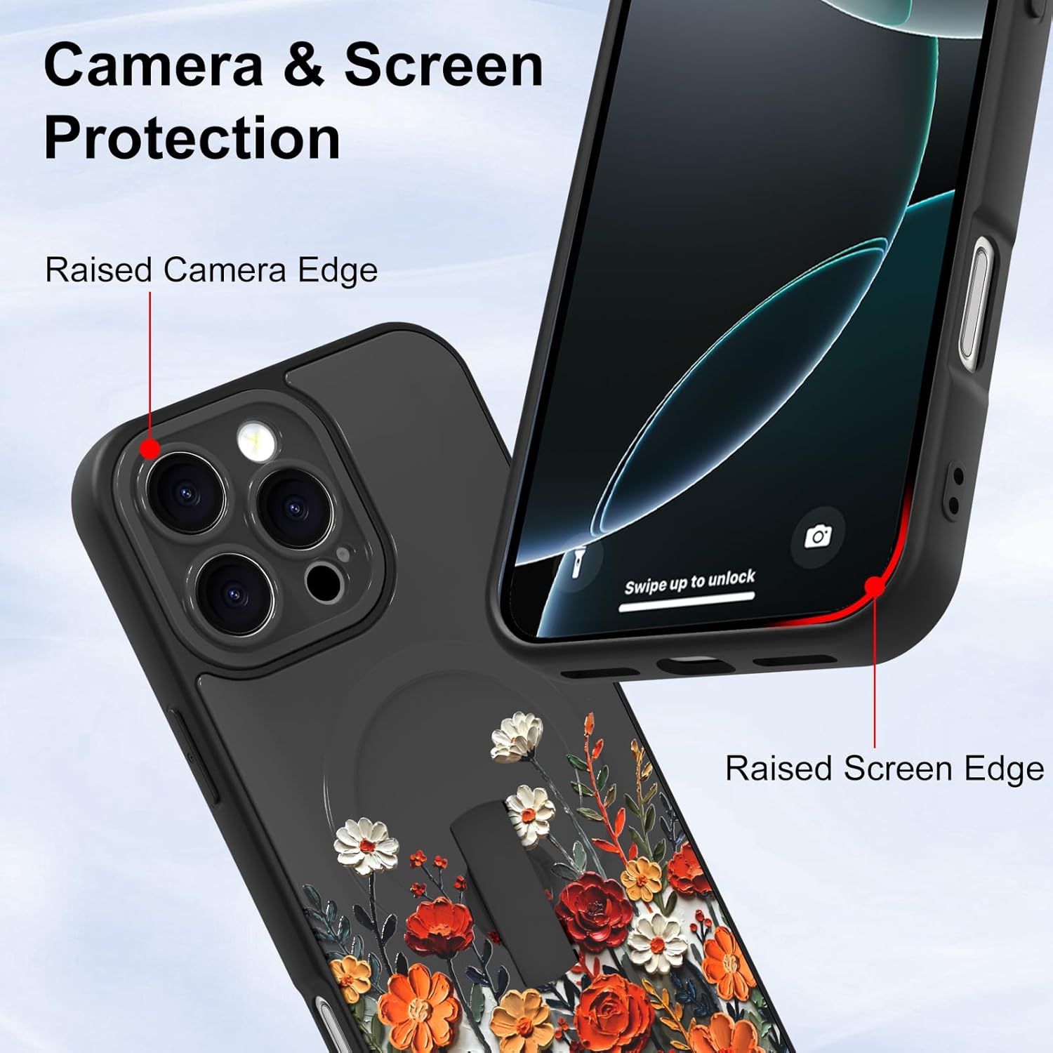 Magnetic for iPhone 16 Pro Max Case with Finger Strap Kickstand,Compatible with MagSafe,Cute Floral Pattern for Women Girls,Full Camera Protection Aesthetic Shockproof TPU,Black