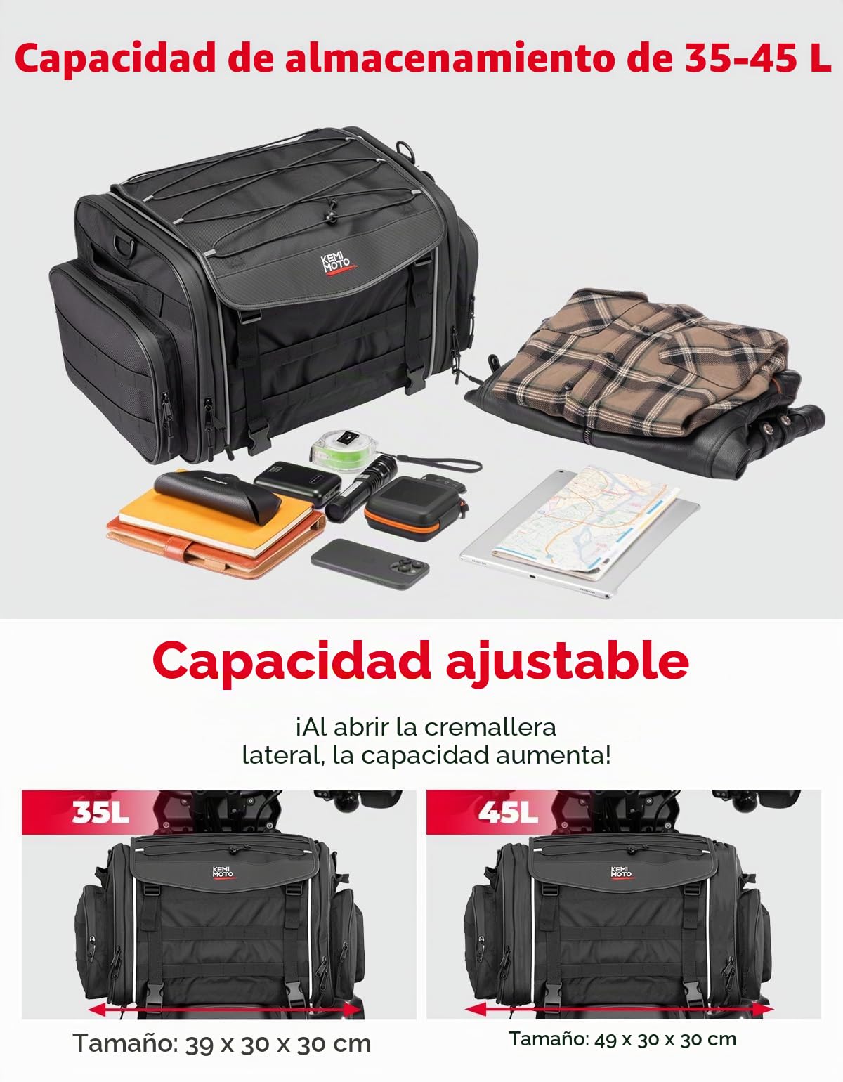 KEMIMOTO Bolsa para motocicleta 35-45 L, impermeable, gran capacidad, bolsa para sillín extensible, con funda para lluvia, fácil montaje, color negro