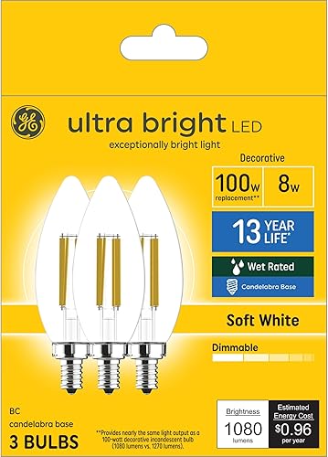 GE Bombillas LED ultra brillantes, 100 W, luces blancas suaves, bombillas B12 decorativas transparentes (paquete de 3)