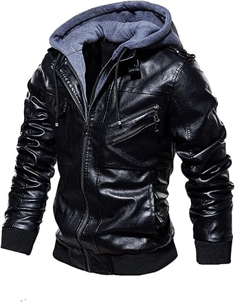 BVCL Mens leather jacket waterproof & windproof with hood - Multiple zip pockets for outdoor, motorcycle and everyday use