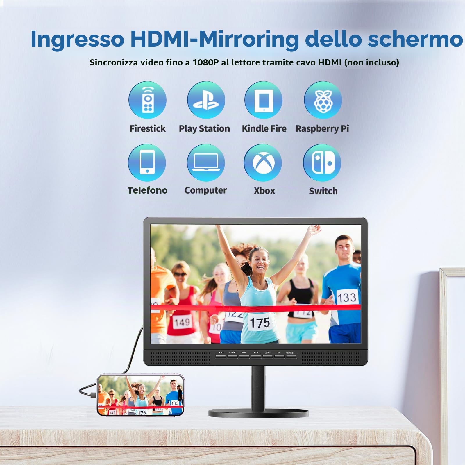 Desobry 18 pollici TV portatile con antenna, Mini TV LCD con sintonizzatore DVB/T2, 12V televisione ricaricabile 6000mAh con supporto rotondo per campeggio all'aperto, camera da letto, cucina