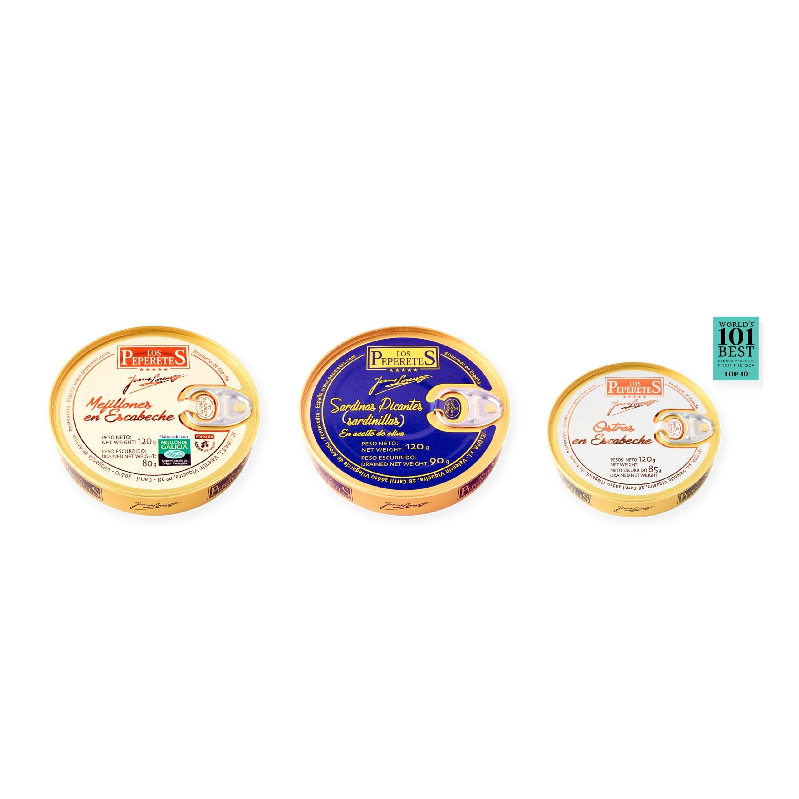 los peperetes conservas Mejillones Escabeche 10-12, Sardinillas Picantes y Ostras Escabeche pack 3 latas