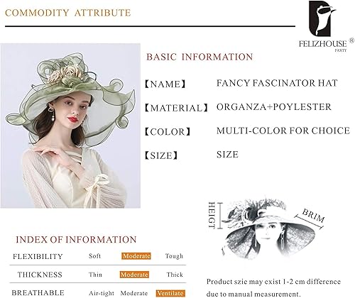 Miniatura 2 de Sombrero de organza para mujer, diseño de flores de organza para fiesta de té, tocado de ala ancha