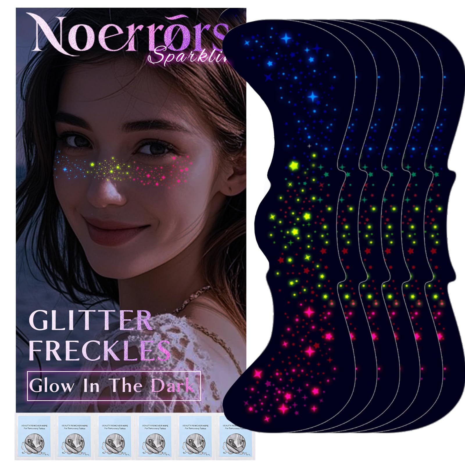 Noerrors 6pcs Rainbow Freckles Face Tattoo Sticker Glow under UV Light Blacklight in the Dark, Neon Fluorescent Glitter Colorful Star Fake Faux Freckle Temporary Patches Makeup for Party Supplies #02 Set B