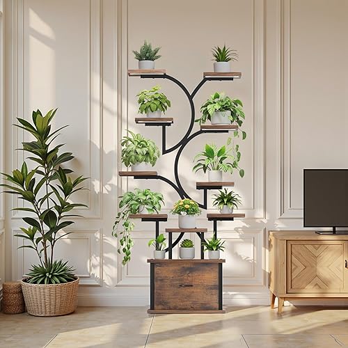 Miniatura 7 de Soporte para plantas de interior con luces de crecimiento, estante para plantas de 11 niveles con cajón, soportes de esquina de 65 pulgadas para