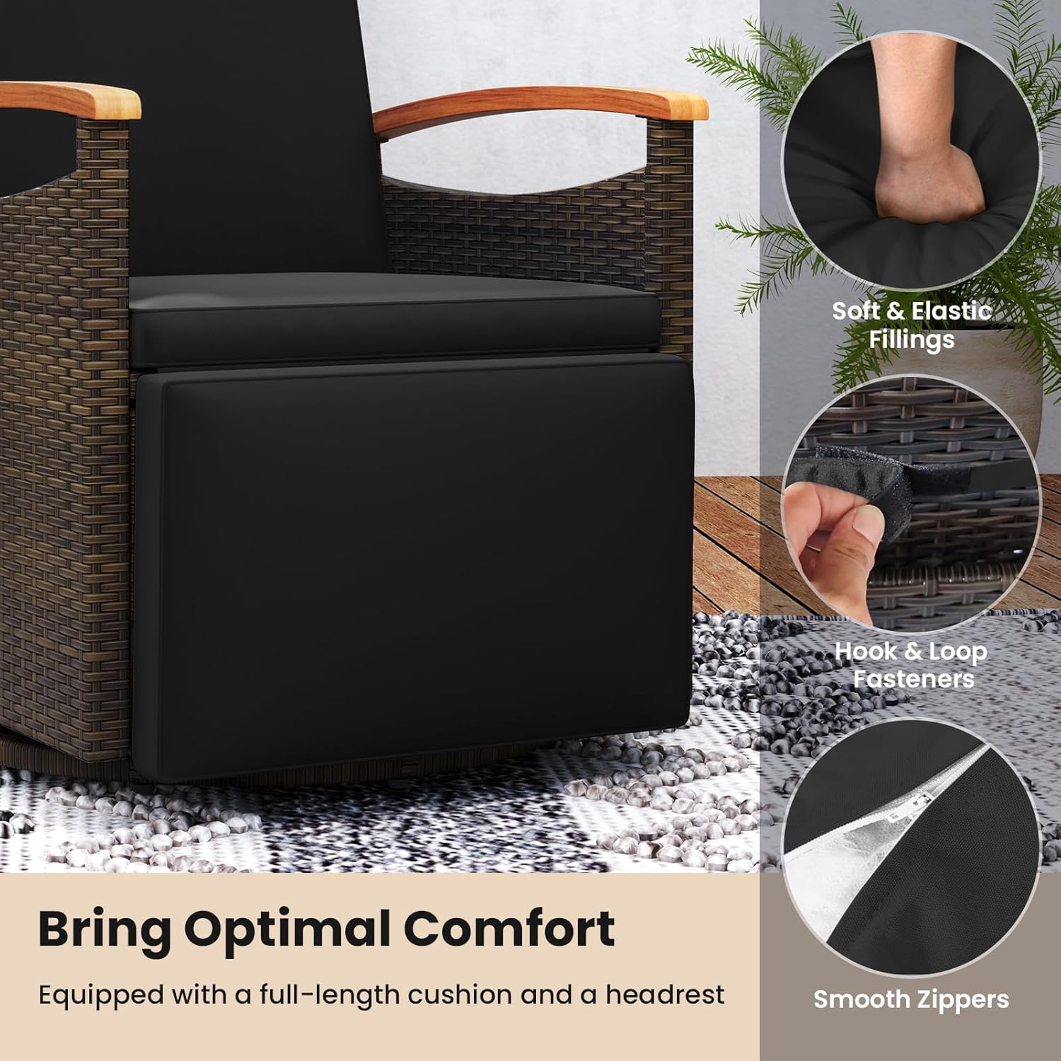 Close-up of the cushion features including soft fillings, hook and loop fasteners, and smooth zippers