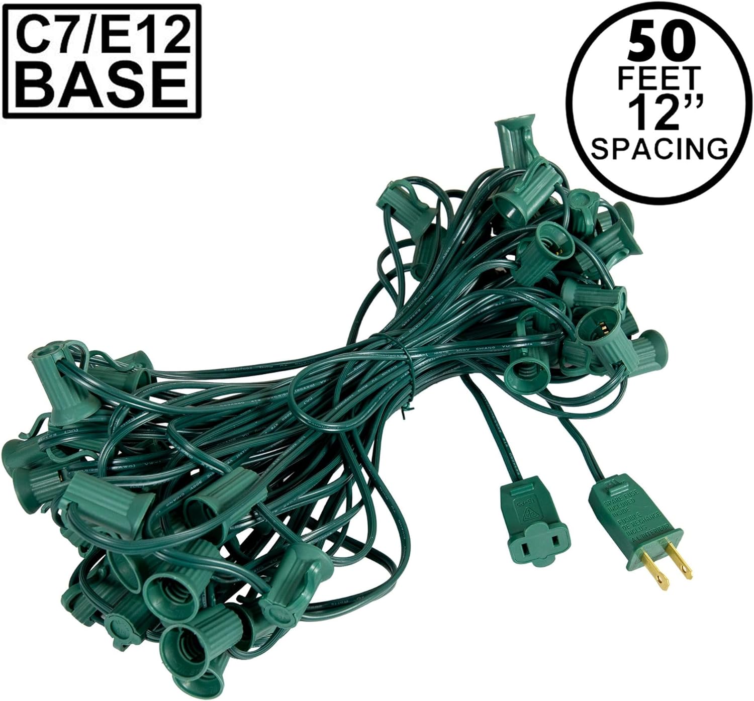 Novelty Lights 50 Foot String Light Set - Indoor/Outdoor Stringer Set for Christmas, Wedding Decor, Patios, & More - C7/E12 Intermediate Base (Green Wire, 12" Spacing)