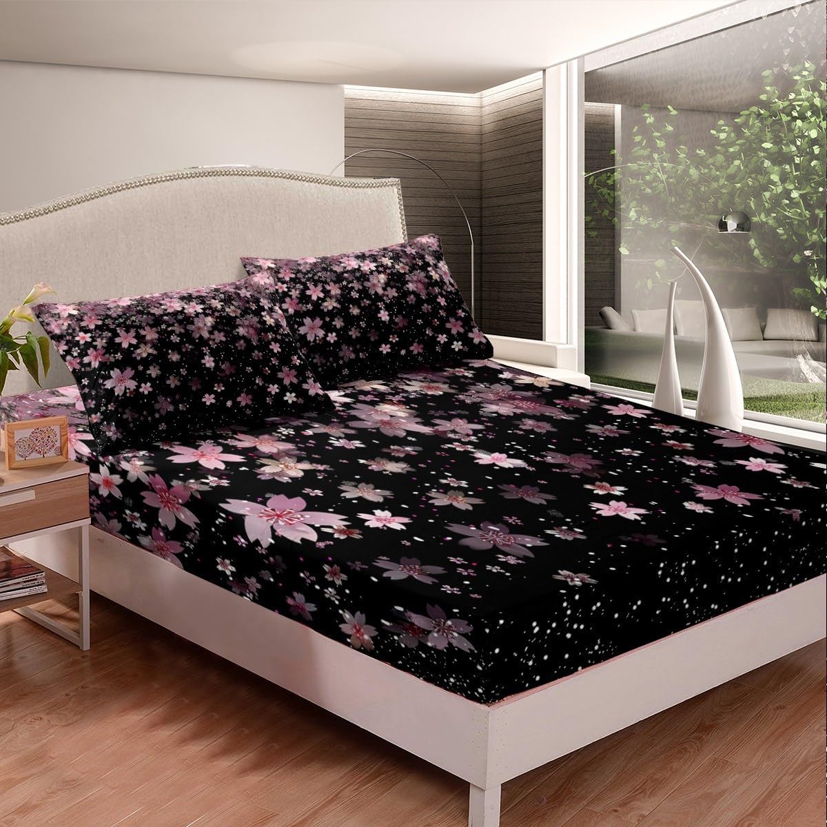 Feelyou Cherry Blossoms Fitted Sheet Twin Size Kids Sakura Flower Bedding Set for Boys Girls Teens Romantic Floral Botanical Bed Sheet Set Pink Black Bed Cover Deep Pocket Room Decor