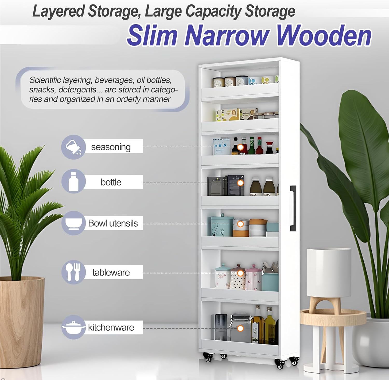 7-Tier Slim Storage Cart, Wooden Rolling Pantry Cabinet with Wheels, Narrow Shelf Organizer for Kitchen, Bakers Rack, Dining Room, Closet, Small Spaces Warm White 47.2" H*5.9" W*23.6" D