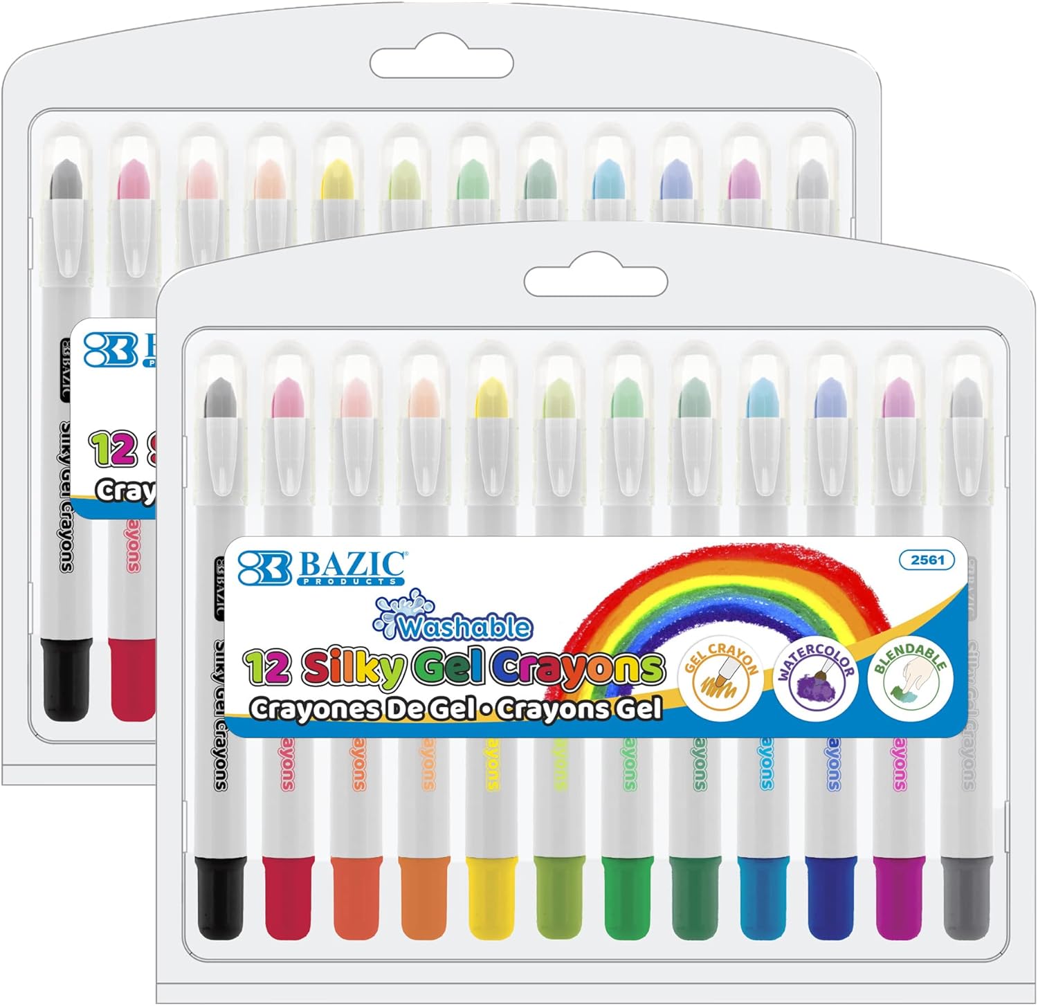 BAZIC PRODUCTS Silky Gel Crayons 24 Color, Washable Blendable Non Toxic Watercolor Crayon for Coloring Book (24/Pack), 2-Packs