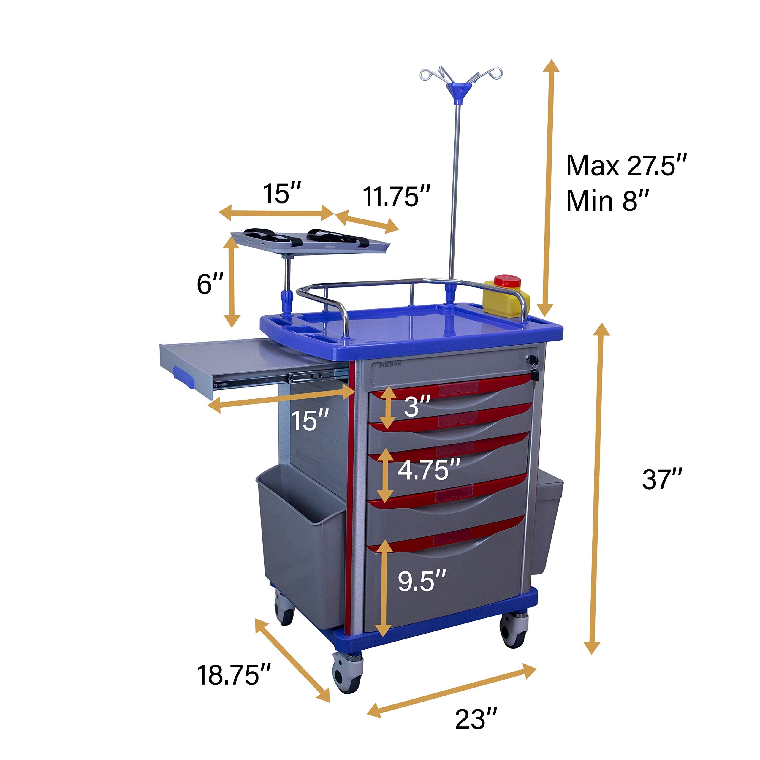 Medical Crash Cart with Emergency Accessory Cardiac Board, IV Pole