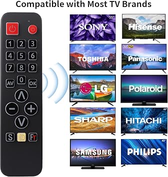 Universal Remote Control for Seniors - Big Illuminated Keys Remote Compatible with LG, Samsung, Sony, JVC, Toshiba, Sharp, Panasonic, Technika, Hitachi, Polaroid TVs - Simple and Basic Control