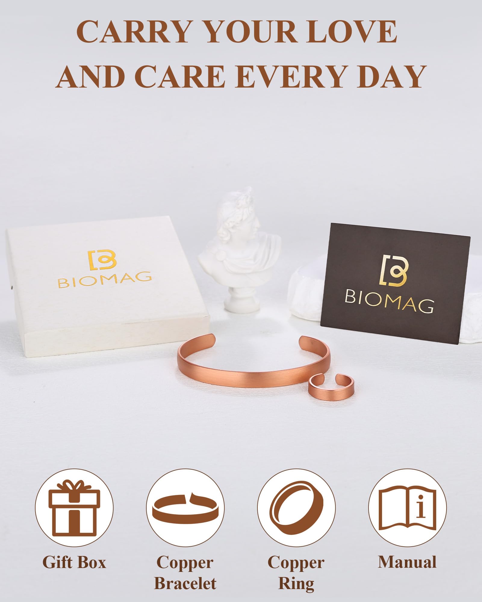 BioMag Set di braccialetti e anelli in puro rame, per uomini e donne, 100% massiccio, grezzo e non rivestito, fatto a mano martellato tibetano (arco liscio)