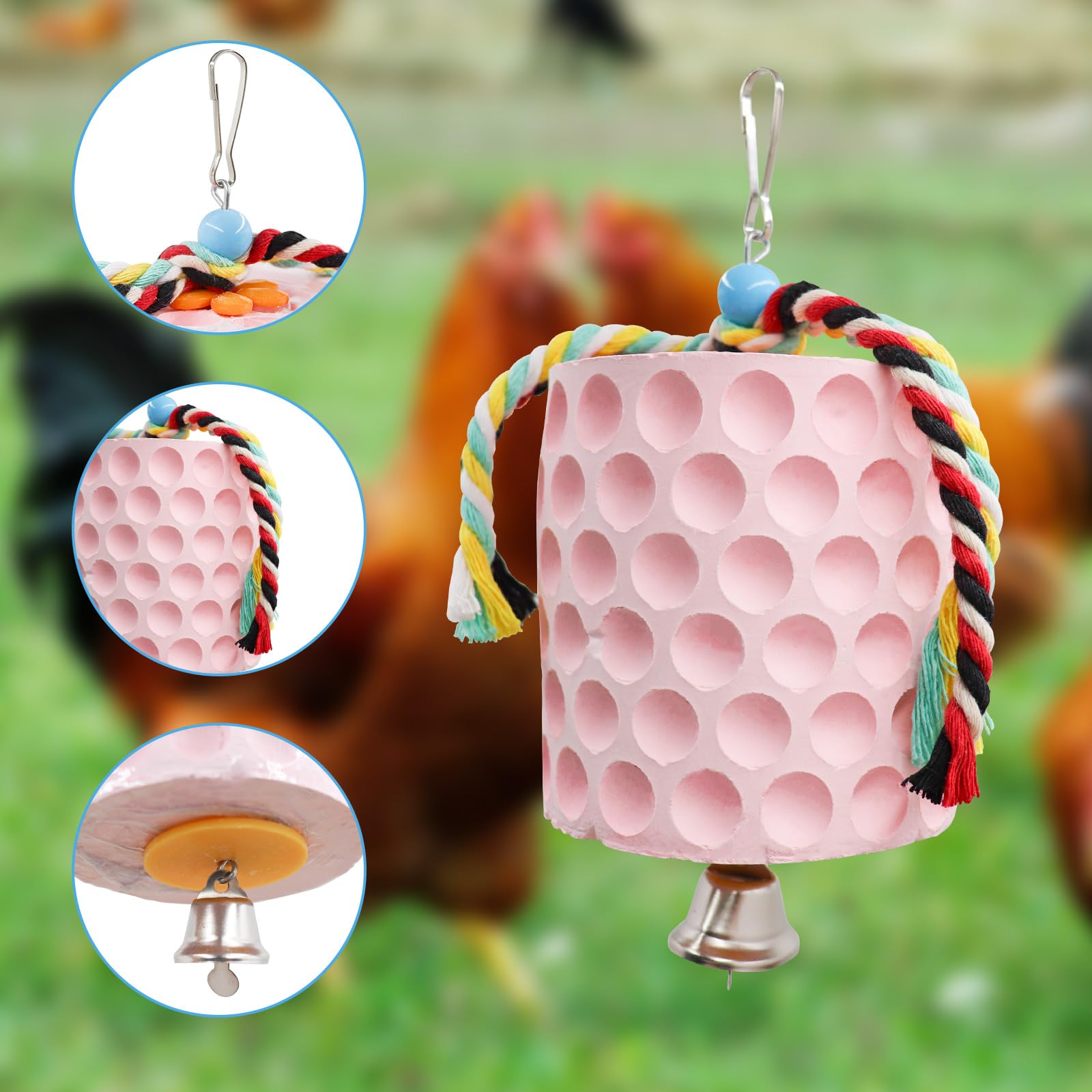 Oooct Juguete grande para masticar pollo, pico de pollito, piedra de calcio con campanas, accesorios de gallinero, juguetes de jaula para cacatúa, periquito, loro, periquito, rata, hámster, conejo,