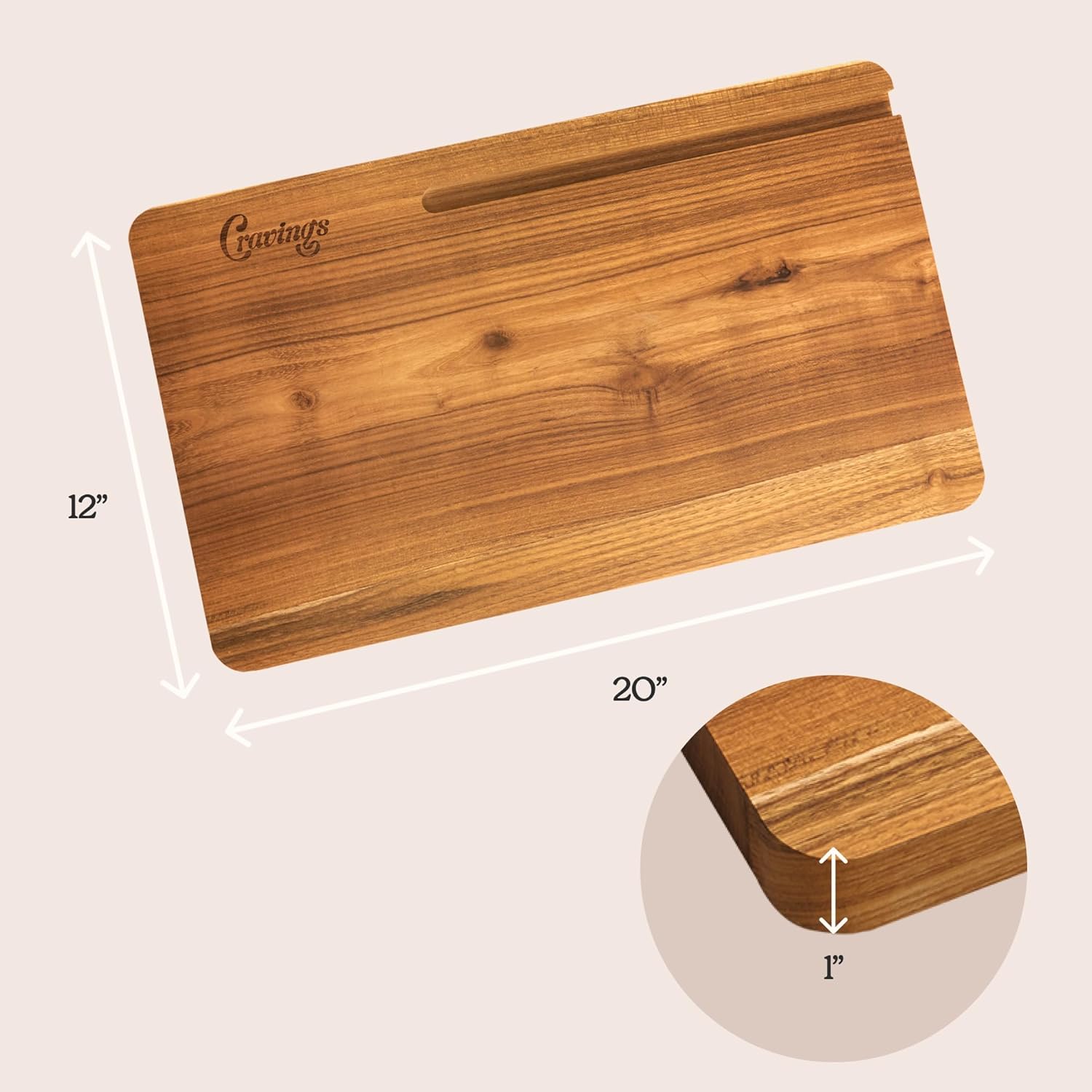 Cravings Chop-Chop Teak Cutting Board – 20x12-Inch Wooden Chopping Board with Carved Grooves for Phones/Tablets – Best Cutting Board for Kitchen and Meat Prep, Made from Natural Teak Wood - Image 3