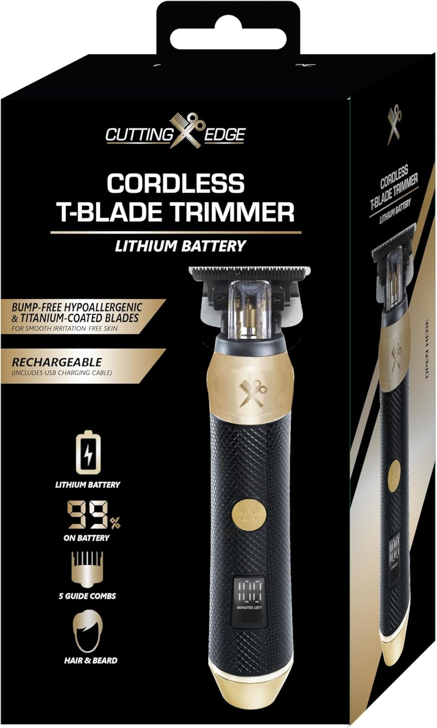 Cutting Edge Cordless T-Blade Trimmer for Men, Bump-Free & Irritation-Free Hypoallergenic Ceramic and Titanium Covered Blades, Includes 5 Guide Combs, USB Rechargeable, Great for Edging and Detailing