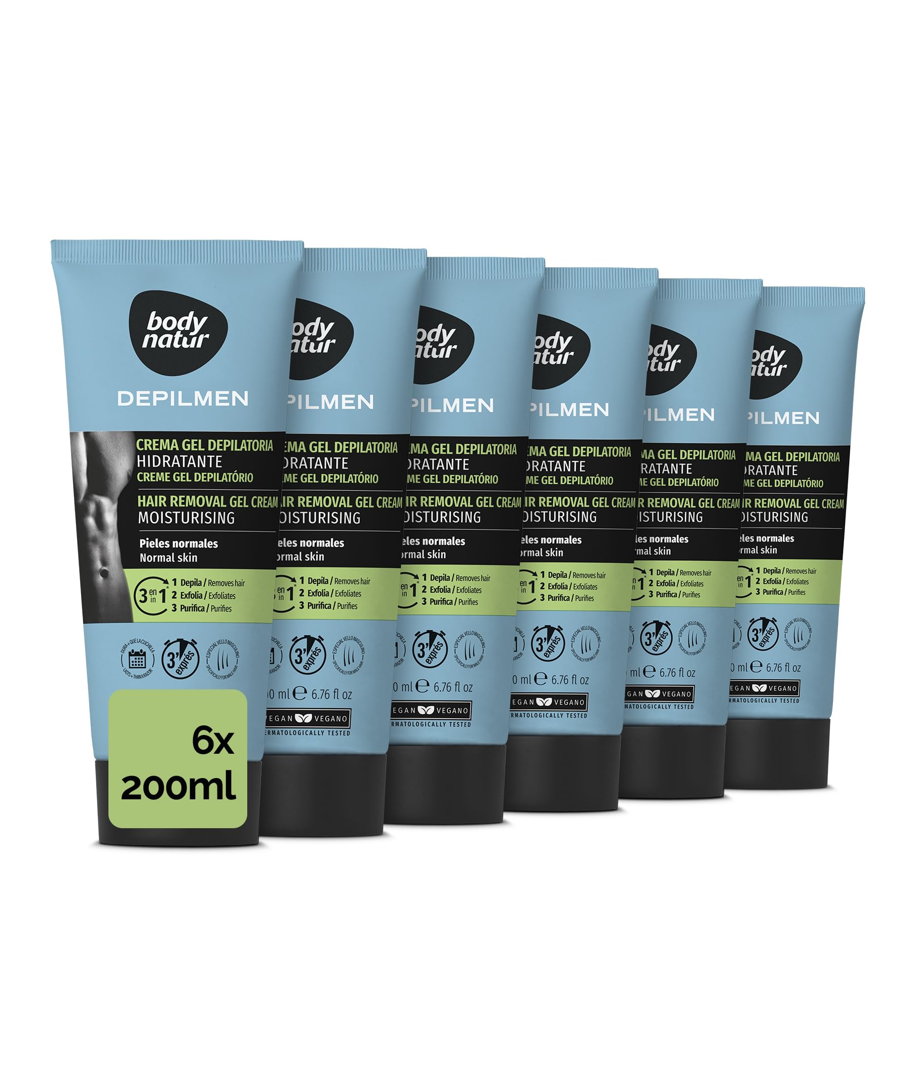 BODYNATUR - Crema Depilatoria Corporal para Hombres - Gama Depilmen - Hidratante para Pieles Normales- (Pack 6 Uds)