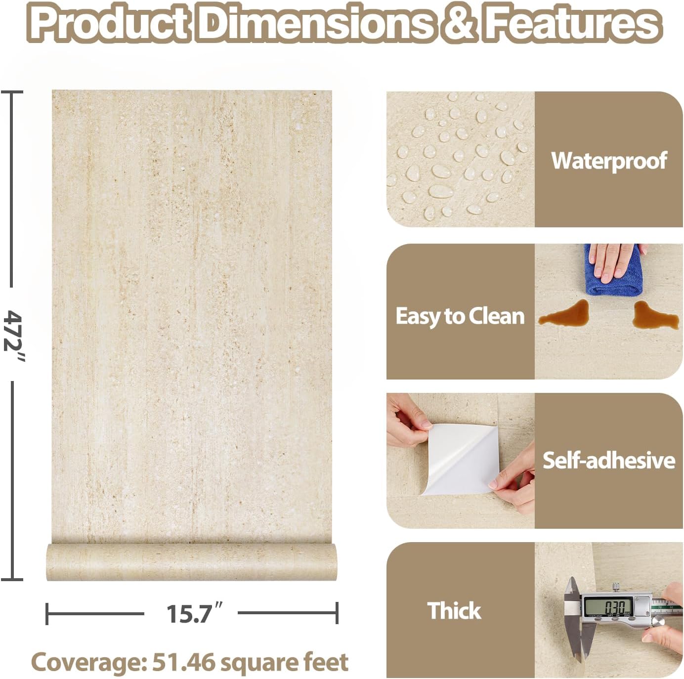Cream Beige Marble Contact Paper for Countertops Table Cover Waterproof Matte Granite Contact Paper Peel and Stick Neutral Limestone Marble Vinyl Wrap 15.7"x472" Removable Beige Wallpaper